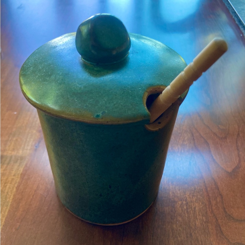 Handmade Green Pottery Honey Jar with Lid and Spoon